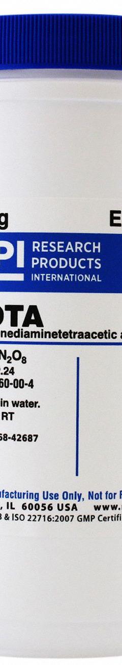 RPI EDTA (Ethylenediaminetetraacetic Acid): 500 g Volume, ACS, BSE/TSE Free, Powder, Plastic (MPN E58100-500.0). Key specifications — Form: Powder; Special Information: BSE/TSE Free; Brand: RPI; Chemical Grade: ACS; Container Material: Plastic.