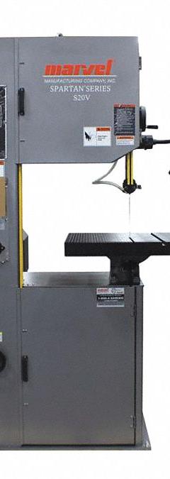 MARVEL Band Saw: 20 in Throat Dp - Vertical, 50 to 415 SFPM, 10° Left to 45° Right, 11.8 A, 3 Phase (MPN S-20V). Key specifications — attr325086: MARVEL; attr313109: 10° Left to 45° Right; attr313108: 50 to 415 SFPM; attr313111: 3; attr313110: 11.8 A.