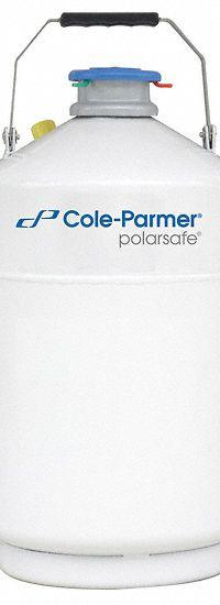 COLE-PARMER Cryogenic Dewar: 10 L Capacity, 11 3/4 in Overall Dia, 21 1/8 in Overall Ht, Aluminum (MPN 4426063). Key specifications — Brand: COLE-PARMER; Material: Aluminum; Includes: Dewar Monitor; Included Safety Features: Lockable.