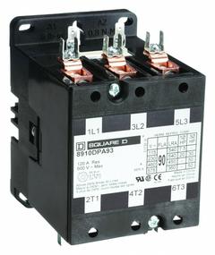 SQUARE D Definite Purpose Magnetic Contactor: 3 Poles, 120V AC, 90 A, Non-Reversing (MPN 8910DPA93V02). Key specifications — Brand: SQUARE D; Coil Voltage: 110/120V AC; Contactor Style: HVACR Definite Purpose Contactor; Terminal Connection Type: Box Lugs; Maximum Voltage Rating: 600V AC; Series: 8910 Series Type DPA; Phase: Three; Main Pole Contact Form: 3NO.