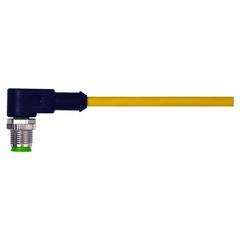 Cordset: M12 Male Right Angle X Bare Wire, 5 Pins, Yellow, PVC, 10 m Cable Lg, 4 A Max Current (A) (MPN 7000-12121-0151000). Key specifications — Cable Jacket Color: Yellow; End 1 Gender: Male; End 1 Mounting Orientation: Right Angle; End 2 Connection Type: Bare Wire; IP Rating: IP66K; Brand: MURRELEKTRONIK; Wire Size: 22 AWG; Cable Jacket Material: PVC.
