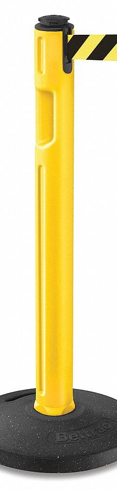 LAVI Barrier Post with Belt: Black/Yellow, Diagonal Stripe, No Legend, 12 ft Belt Lg, Yellow (MPN 80-5000R/YL/SF). Key specifications — Base Material: Rubber; Belt Color: Black/Yellow; Brand: LAVI; Post Material: Plastic; Post Color: Yellow; Message: No Legend.