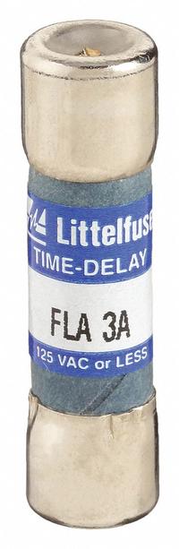 LITTELFUSE Fuse: FLA Series, Midget, Time-Delay, 3 A, 125 V AC, 13/32 in x 1 1/2 in, Indicating (MPN FLA003). Key specifications — Series: FLA; Brand: LITTELFUSE.