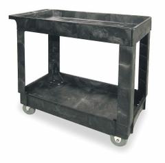 RUBBERMAID COMMERCIAL PRODUCTS Utility Cart: 500 lb, 2 Shelves, 30 in L x 16 in W Self, Black, Flat (MPN FG9T6600BLA). Key specifications — Shelf Color: Black; Brand: RUBBERMAID COMMERCIAL PRODUCTS; Caster/Wheel Configuration: (2) Rigid.