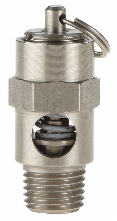 CONRADER Safety Valve: Soft Seat, 1/4 in (M)NPT Inlet (In.), 100 psi Preset Setting (PSI) - Soft Seat Pneumatic Safety Valves