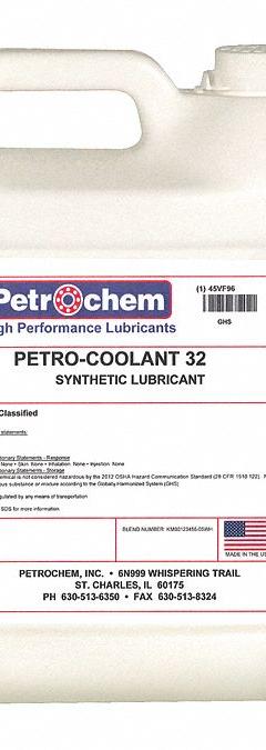 PETROCHEM Compressor Oil: 1 gal, Jug, 5 SAE Grade, 32 ISO Viscosity Grade, 158 Viscosity Index (MPN PETRO-COOLANT 32-001). Key specifications — attr59744: 158; attr59746: 32; attr59736: No; attr59735: Jug; attr59738: Petro-Coolant 32; attr59749: 5.