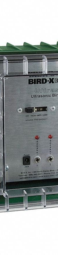 BIRD-X Electronic Bird Repeller: 3,600 sq ft Coverage Area, Wall Mount, Electric, 102 dB Max Volume (MPN USX). Key specifications — Manufacturer Part Number: USX; Brand: BIRD-X; Mounting Type: Wall Mount; Power Source: Electric; Targeted Animals: Bats; Voltage: 110 V AC.