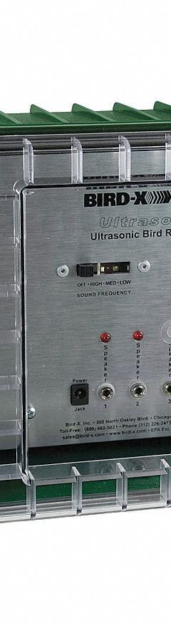 BIRD-X Electronic Bird Repeller: 3,600 sq ft Coverage Area, Wall Mount, Electric, 102 dB Max Volume (MPN USX). Key specifications — Manufacturer Part Number: USX; Brand: BIRD-X; Mounting Type: Wall Mount; Power Source: Electric; Targeted Animals: Bats; Voltage: 110 V AC.