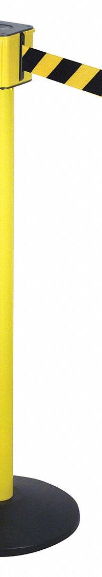 RETRACTA-BELT Barrier Post with Belt: Black/Yellow, Diagonal Stripe, No Legend, 30 ft Belt Lg (MPN PM412-30YA-BYD). Key specifications — Base Material: Cast Iron; Belt Color: Black/Yellow; Brand: RETRACTA-BELT; Post Material: Aluminum; Post Color: Yellow; Message: No Legend.