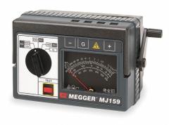 MEGGER Megohmmeter: 10 kiloohm to 2 gigohm, CAT III, IP54, Analog, No Output, 2 mA (MPN MJ159). Key specifications — IP Rating: IP54; Test Voltage: 500V DC; Brand: MEGGER.