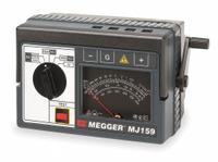 MEGGER Megohmmeter: 10 kiloohm to 2 gigohm, CAT III, IP54, Analog, No Output, 2 mA (MPN MJ159). Key specifications — IP Rating: IP54; Test Voltage: 500V DC; Brand: MEGGER.