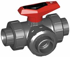GF PIPING SYSTEMS Manual Three-Way Ball Valve: 1 1/4 in, PVC, L Flow, Socket x Socket x Socket (MPN 161543085). Key specifications — Brand: GF PIPING SYSTEMS; Handle: Locking Lever.