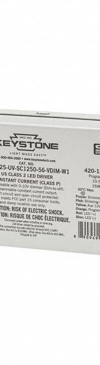 KEYSTONE TECHNOLOGIES LED Driver: Class 2, 25 W Max. Power Output, 120 to 277V AC, 10 to 56V DC (MPN KTLD-25-UV-SC1250-56-VDIM-W1-CP). Key specifications — Brand: KEYSTONE TECHNOLOGIES; Output Voltage: 10 to 56V DC; Dimming Method: 0-10V; Output Current: 420 to 1250 mA.