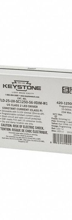 KEYSTONE TECHNOLOGIES LED Driver: Class 2, 25 W Max. Power Output, 120 to 277V AC, 10 to 56V DC (MPN KTLD-25-UV-SC1250-56-VDIM-W1-CP). Key specifications — Brand: KEYSTONE TECHNOLOGIES; Output Voltage: 10 to 56V DC; Dimming Method: 0-10V; Output Current: 420 to 1250 mA.