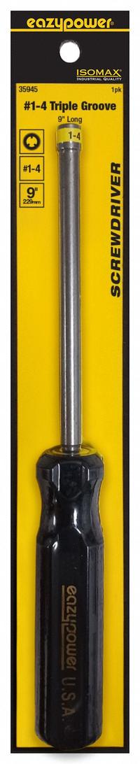 EAZYPOWER Screwdriver: Triple Groove Series, Steel, #4-5 Tip Size, 5 in Shank Lg, 9 in Overall Lg (MPN 35945). Key specifications — attr1205107: #4-5; attr1205112: EAZYPOWER.