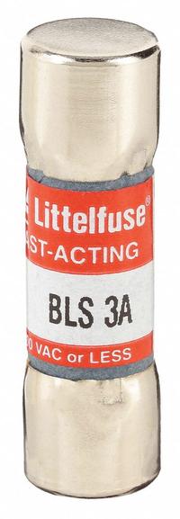 LITTELFUSE Fuse: BLS Series, Midget, Fast-Acting, 3 A, 600 V AC, 13/32 in x 1 3/8 in, Non-Indicating (MPN BLS003). Key specifications — attr1287209: BLS; attr211192: LITTELFUSE.