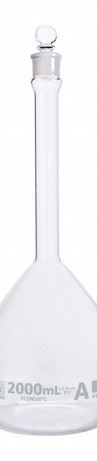 GLOBE SCIENTIFIC Volumetric Flask: 2 L, Colorless, A, 0.50 mL, Includes Closure, 370 mm Overall Ht (MPN 8202000). Key specifications — Tolerance: 0.50 mL; Body Color: Colorless; Brand: GLOBE SCIENTIFIC; Compatible with Stopper Size: 27; USP Specification: Type I.