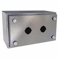 HAMMOND Push Button Enclosure: 22mm, 2 Holes, 304 Stainless Steel, NEMA 12/3R/4/4X (MPN HYMPB2SS). Key specifications — Brand: HAMMOND; Environments & Applications: Indoor Dust & Water Droplets.