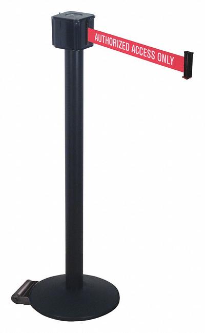 RETRACTA-BELT Barrier Post with Belt: Red, No Pattern, Authorized Access Only, 30 ft Belt Lg - Message Retractable Belt Post Barriers