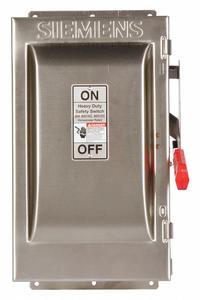 SIEMENS Safety Switch: Fusible, 60 A, Three Phase, 600V AC, 304 Stainless Steel, Indoor/Outdoor (MPN HF362S). Key specifications — Brand: SIEMENS.