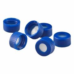 Closure: 9 mm Dia, Blue, PTFE/Silicone, Autoclavable, Septa Included, Narrow Mouth Size, Opaque (MPN CV-3845-B009). Key specifications — Closure Type: Snap-On; Clarity: Opaque; Mouth Size: Narrow; Product Type: Snap Cap; Septa Included: Yes; Vented: No; Brand: CHEMGLASS; Closure Color: Blue.