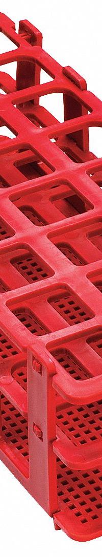 Tube Rack: 4 1/8 in Overall Wd, 2 1/2 in Overall Ht, 9 3/4 in Overall Lg, Polypropylene, Red (MPN F18746-0003). Key specifications — Material: Polypropylene; Mounting Location: Benchtop; Color: Red; Product Type: Test Tube Rack; Total Holding Capacity: (24) Places; Brand: SP SCIENCEWARE.