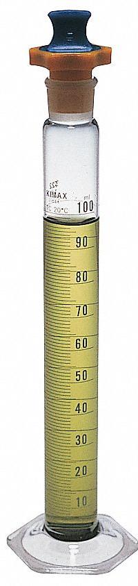 KIMBLE Graduated Cylinder: 100 mL, B, To Contain (TC), 1 mL Graduation Increments - mL (MPN 20039P-100). Key specifications — ASTM Specification: E1272; Brand: KIMBLE; USP Specification: Type II; Closure Included: No; Includes: Polyethylene Stopper.