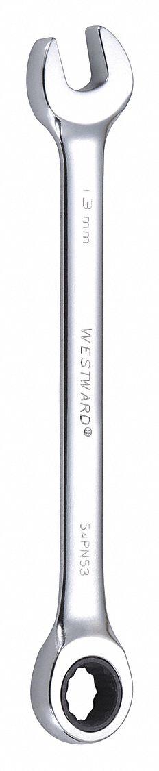 WESTWARD Combination Wrench: Alloy Steel, Chrome, 13 mm Head Size, 7 in Overall Lg, Std (MPN 54PN53). Key specifications — attr309600: 13 mm; attr309611: Chrome; attr309610: Alloy Steel; attr309604: No; attr309612: No; attr309613: No; attr309615: No; attr324932: WESTWARD.