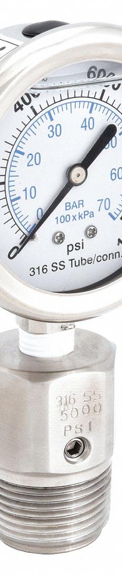 KODIAK Pressure Gauge with Diaphragm Seal: 0 psi to 1,000 psi, KC301/DSM35FLUSH, 2 1/2 in Dial, 4X (MPN KC301L251000/DSF14-M). Key specifications — Brand: KODIAK; Gauge Case Liquid: Glycerin; Seal Fill Liquid: Mineral Oil; Gauge Case Material: 304 Stainless Steel; Seal Lower Housing Material: 316 Stainless Steel; Accuracy: ±1.60%; Gauge Wetted Parts: Stainless Steel.