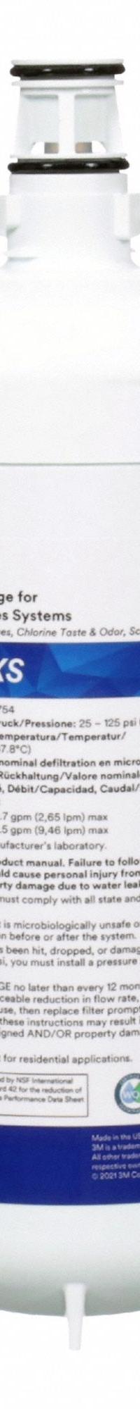 3M Quick-Connect Water Filter: 5 micron, 2.5 gpm, 25,000 gal, 5 in Overall Ht, 5 1/8 in Overall Dia (MPN HF45-CLXS; 4637116). Key specifications — Filter Media: Activated Carbon; Reduces: Chloramine; Brand: 3M.