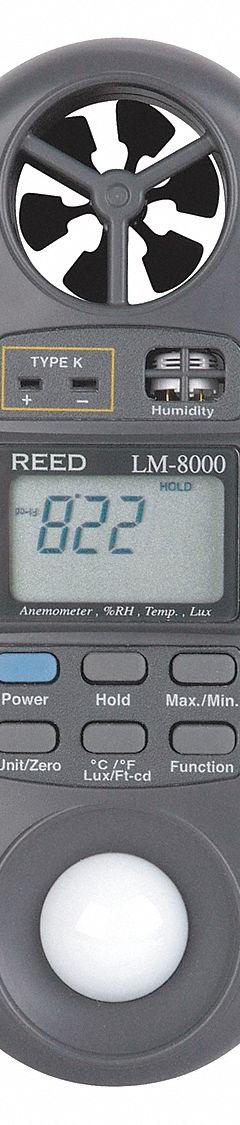 REED INSTRUMENTS 4-In-1 Anemometer: 1 fpm Air Velocity Resolution, Relative Humidity, Rotating Vane (MPN LM-8000). Key specifications — Data Logging: No; Manufacturer Part Number: LM-8000; Brand: REED INSTRUMENTS; Temperature Accuracy: +/ 2.5°; Digital Display Screen Type: LCD; Includes: Wrist Strap; Power Source: Battery; Relative Humidity Accuracy: +/-4%.