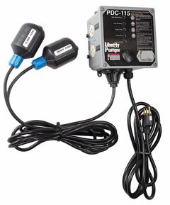 LIBERTY PUMPS Pump Control Panel: Duplex, Single Phase, 115V AC, 12A, Dual Tether Float, Plastic, 1 (MPN PDC-115). Key specifications — Current: 12A; Rated Voltage: 115V AC; Alert Output: Audio; Intrinsic Safety: Not Specified Intrinsically Safe; Includes Reversing: Non-Reversing; Dosing Schedule: Demand Dose; Brand: LIBERTY PUMPS.