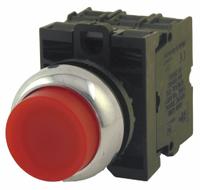 EATON Illuminated Push Button: Illuminated, Extended Profile, Metallic, 22 mm, 1NO/1NC (MPN M22M-DLH-R-K11-R). Key specifications — Brand: EATON; Action: Momentary; Series: M22; Push Button Material Type: Metallic.