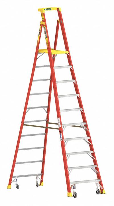 WERNER Podium Stepladder: 12 ft Ladder Size, Fiberglass, 300 lb Load Capacity - Rolling Podium Stepladders