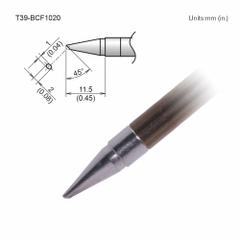 HAKKO Tinned Face Soldering Tip: T39 Series, Bevel, 2 mm W, 11.5 mm Lg (MPN T39-BCF1020). Key specifications — Brand: HAKKO; Compatible Handpiece Manufacturer Model Number: FX-9701; Manufacturer Part Number: T39-BCF1020.