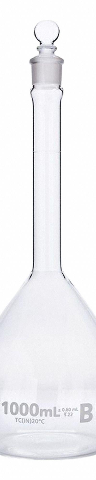 GLOBE SCIENTIFIC Glass Flasks: 1, 000 mL, Colorless, B, 0.6 mL, Includes Closure - Glass Volumetric Flasks