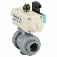 HAYWARD FLOW CONTROL Pneumatically Actuated Two-Way Ball Valve: 1 in, CPVC, Air to Spring (MPN PSSTBH210STEA9). Key specifications — Brand: HAYWARD FLOW CONTROL; Connection Gender - Side 1: Female; Actuator Features: Position Indicator; Actuator Operation: Air to Spring; Actuator Series: PSS; Connection Gender - Side 2: Female; Connection Type - Side 1: True-Union Socket/True-Union NPT; Connection Type - Side 2: True-Union Socket/True-Union NPT.