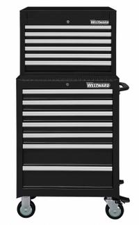 WESTWARD Tool Chest and Cabinet Combination: 13 Drawers, Light Duty, Keyed, Black / Powder Coated (MPN 7CY05). Key specifications — attr1116680: Black; attr1116684: Ball Bearing; attr1116690: WESTWARD; attr1116659: Keyed; attr1116661: Top Chest 26 in W x 16-1/2 in D x 18-1/2 in H.