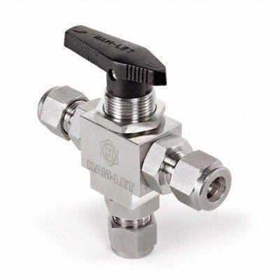 HAM-LET Manual Three-Way Ball Valve: 8 mm, 316 Stainless Steel, L Flow, Full Port Ball Port - Stainless Steel Ball Valves