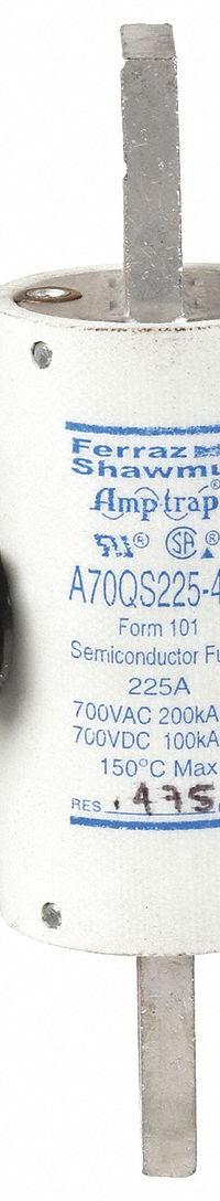 Semiconductor Fuse: A70QS Series, Fast-Acting, 225 A, 700 V AC, 700 V DC DC Volt Rating, Indicating (MPN A70QS225-4IL). Key specifications — Series: A70QS; Brand: MERSEN; Voltage Type: AC/DC.