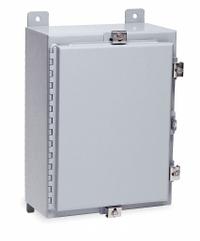 WIEGMANN Enclosure: Steel, 24 in x 24 in x 8 in, NEMA 12/13/4, Solid Cover, Hinged (MPN N4242408). Key specifications — Closure Method: Clamps; Brand: WIEGMANN; Knockouts: Not Included.