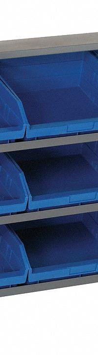 QUANTUM STORAGE SYSTEMS Bench Pick Rack: 36 in x 12 in x 27 in, 1 Usable Sides, 3 Shelves, 9 Bins (MPN QPRHA-209BL). Key specifications — Bin HxWxD: (9) 6 in x 11-1/8 in x 11-5/8 in; Frame Material: Steel; Frame Color: Gray; Bin Color: Blue; Brand: QUANTUM STORAGE SYSTEMS.