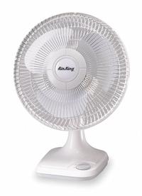 AIR KING Cooling Fan: 12 in Blade Dia, Oscillating, 620 cfm_780 cfm_930 cfm Airflow, Desktop (MPN 9102). Key specifications — Voltage: 120V AC; Oscillation: Oscillating; Number of Speeds: 3; Power Source: Plug-In; Brand: AIR KING.
