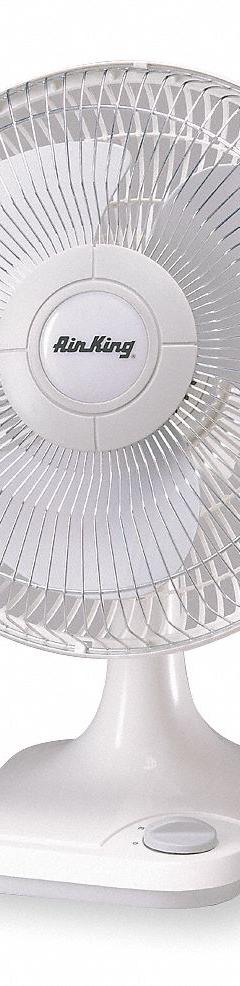 AIR KING Cooling Fan: 12 in Blade Dia, Oscillating, 620 cfm_780 cfm_930 cfm Airflow, Desktop (MPN 9102). Key specifications — Voltage: 120V AC; Oscillation: Oscillating; Number of Speeds: 3; Power Source: Plug-In; Brand: AIR KING.