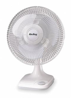 AIR KING Cooling Fan: 12 in Blade Dia, Oscillating, 620 cfm_780 cfm_930 cfm Airflow, Desktop (MPN 9102). Key specifications — Voltage: 120V AC; Oscillation: Oscillating; Number of Speeds: 3; Power Source: Plug-In; Brand: AIR KING.