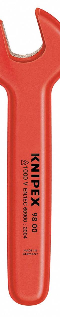 KNIPEX Open End Wrench: Alloy Steel, Chrome, 8 mm Head Size, 4 1/8 in Overall Lg, Std, Insulated (MPN 98 00 08). Key specifications — attr309776: Yes; attr309781: Chrome; attr309780: Alloy Steel; attr324939: KNIPEX.