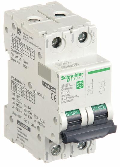 SCHNEIDER Supplementary Protector: 16 A Amps, 500V DC, 5kA at 250V DC, Screw Clamp - DC-Only Rated, 2-Pole UL1077 DIN Rail-Mount Supplementary Protectors