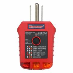 WESTWARD Receptacle Tester with GFCI: 110 V AC to 125 V AC, 5-15P, GFCI, Light, No Display (MPN 19T234). Key specifications — Load Current: 6 to 9 mA; Brand: WESTWARD; CAT Safety Rating: Not Rated.