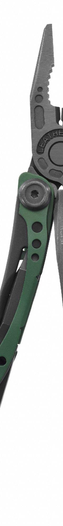 LEATHERMAN Pliers: Multi-Tool Plier, 7 Tools, 7 Functions, 4 in Closed Lg, 6 in Open Lg, GREEN (MPN 833138). Key specifications — attr15951: LEATHERMAN; attr15966: 25-year warranty; attr10312: GREEN; attr15960: One-hand Operable Features; attr15963: Stainless Steel; attr15971: Multi-Tool Plier; attr15972: Included bits Phillips #1 & #2, Screwdriver 1/4" & 3/16"; attr15977: Fold Open.