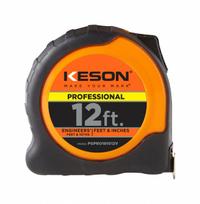 KESON Tape Measure: Nonmagnetic Single Hook Tip, 12 ft, Plastic with Rubberized Grip (MPN PGPRO181012V). Key specifications — attr935324: KESON; attr942259: High-Visibility Orange; attr935326: Finger Brake; attr935328: 1/16 in; attr935329: Feet; attr935337: SAE/Engineers Scale; attr936607: Manual Lock; attr972446: Inch/Engineer's Scale.